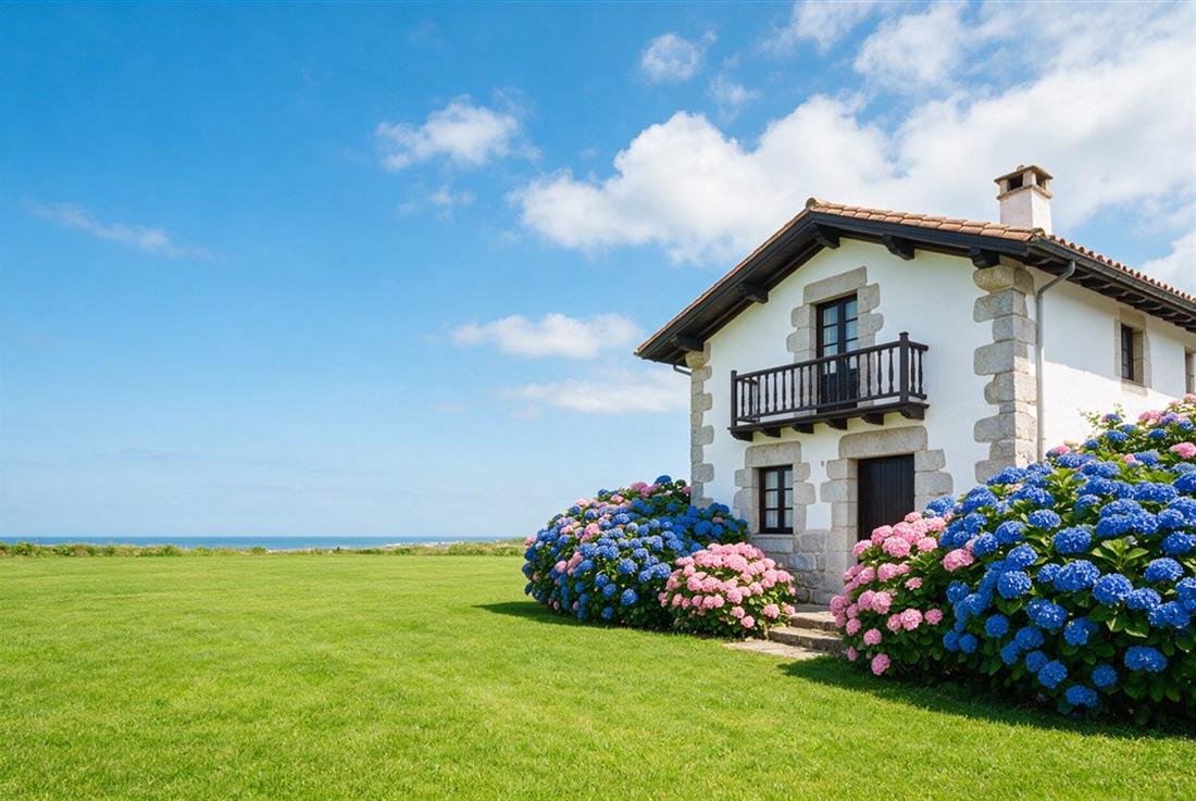 Casa cantábrica con hortensias en flor y el mar al fondo