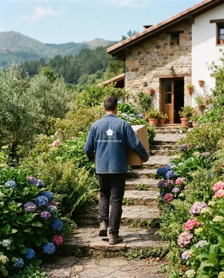 Andrés subiendo un paquete por la escalera de piedra de una casa rodeada de hortensias