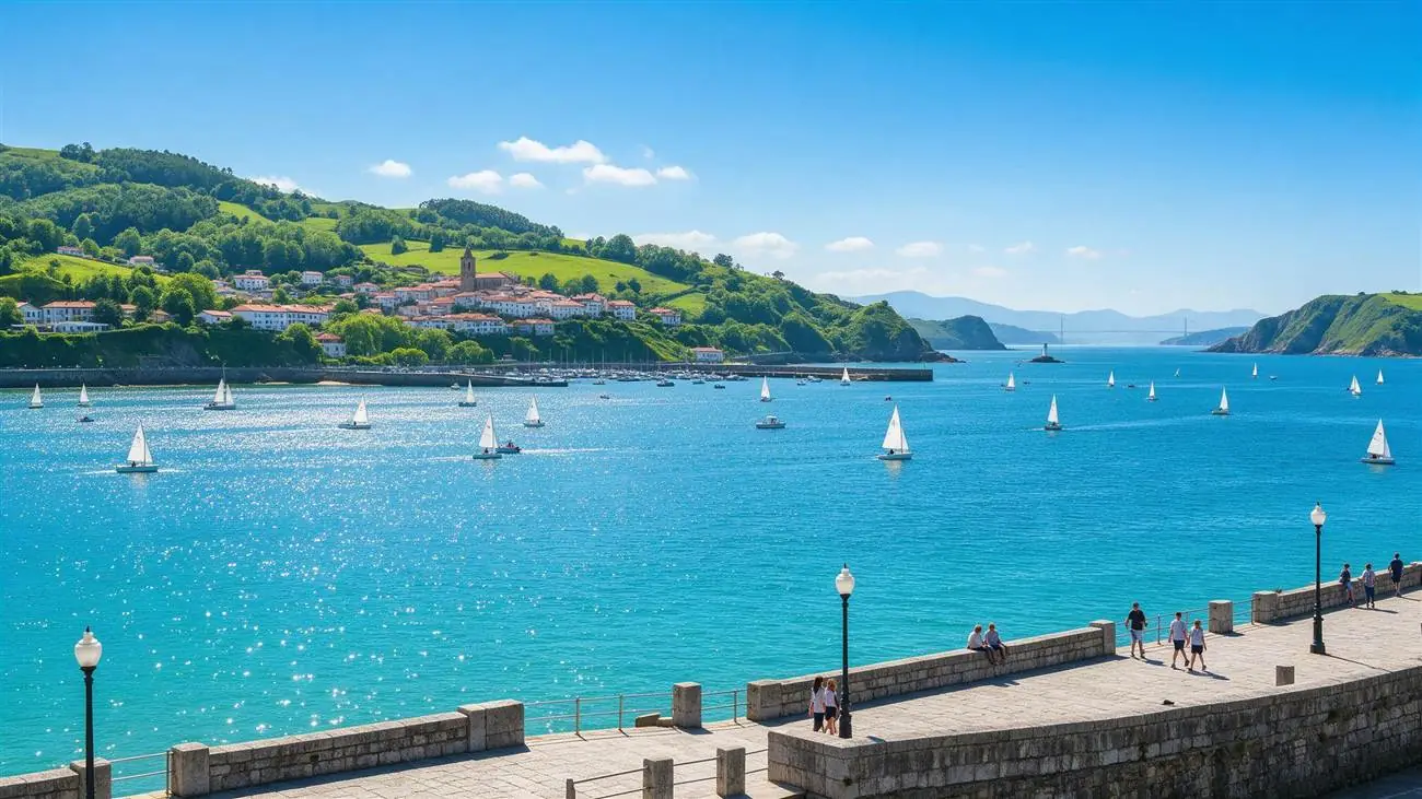 Bahía con veleros y paseo junto al mar en la costa de Cantabria