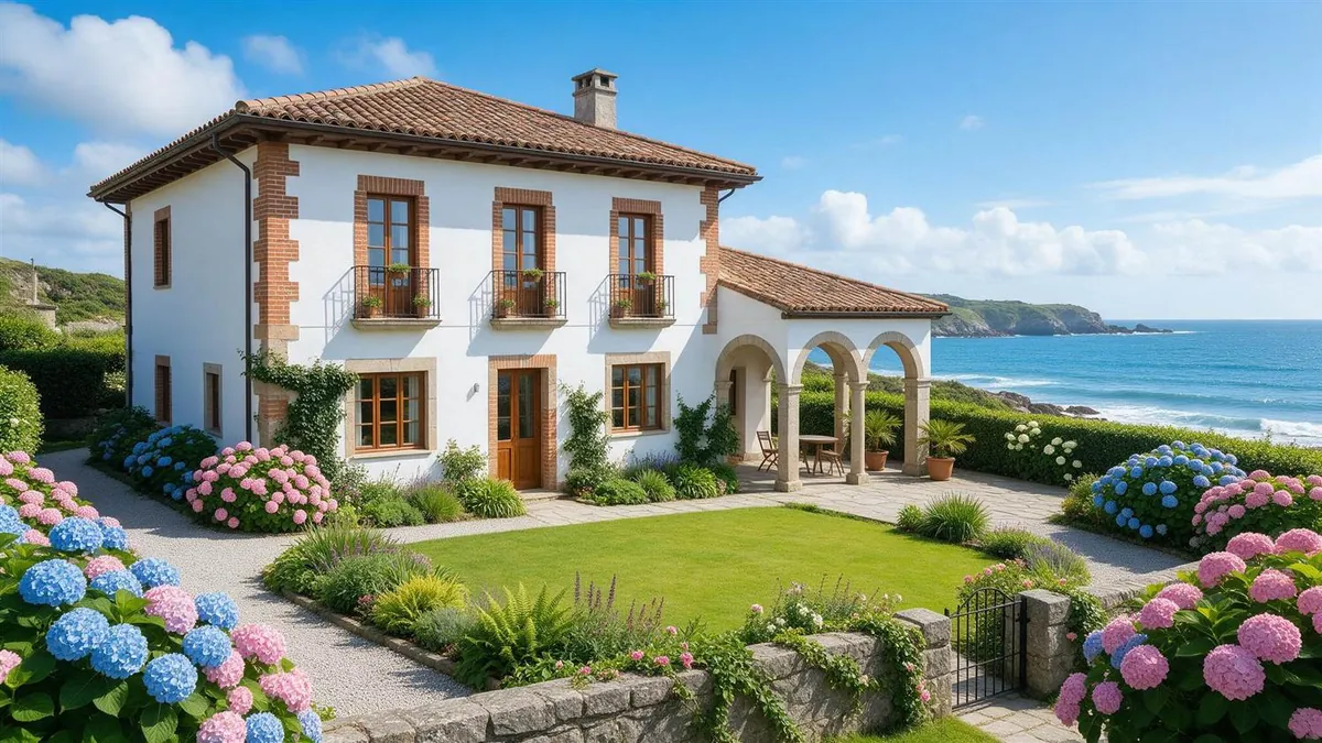 Casa cántabra encalada con jardín, hortensias en flor y el mar al fondo