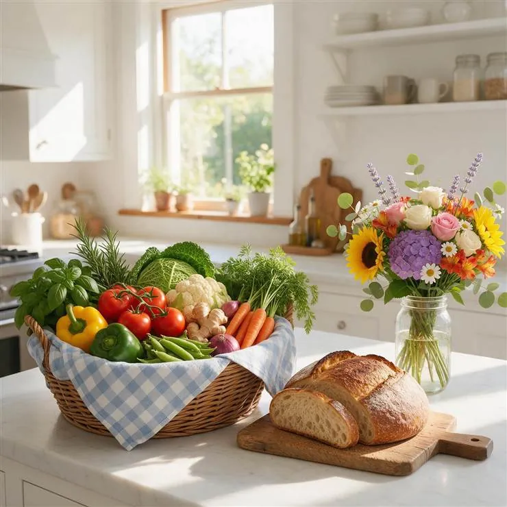 Cesta con verduras frescas, pan y un ramo de flores en la encimera de una cocina luminosa