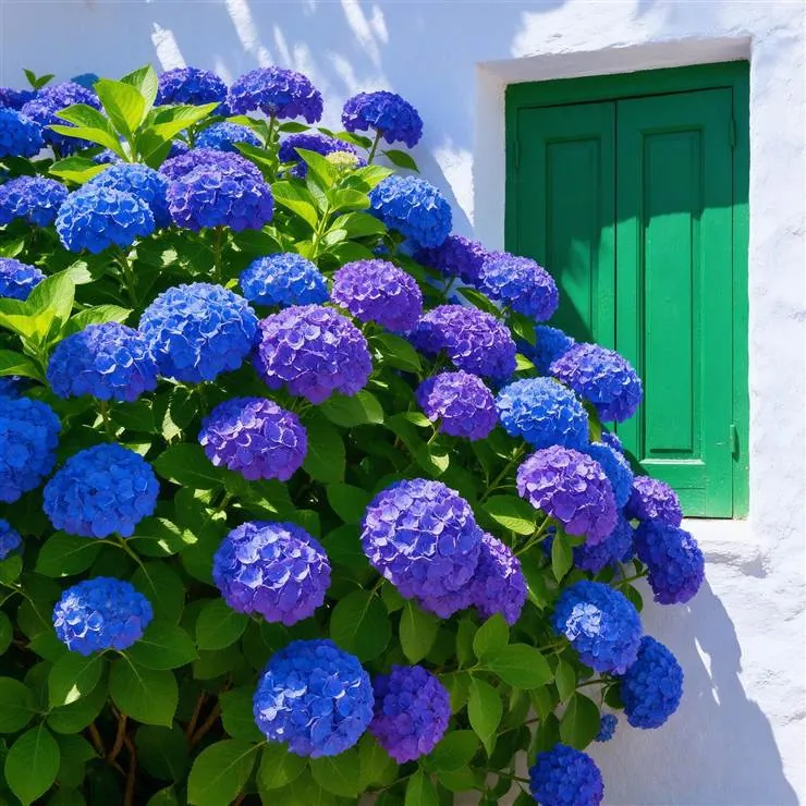 Hortensias azules y violetas en flor junto a una contraventana verde