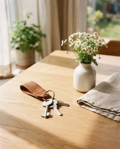 Llaves de casa sobre una mesa de madera junto a un jarrón con flores blancas