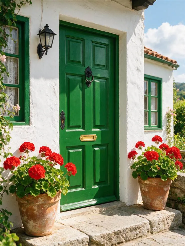 Puerta verde de una casa encalada con macetas de geranios rojos a los lados