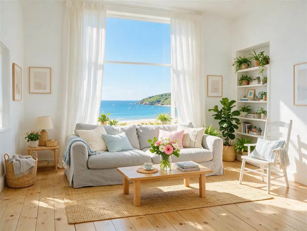 Salón luminoso de una casa de costa con la ventana abierta y el mar al fondo