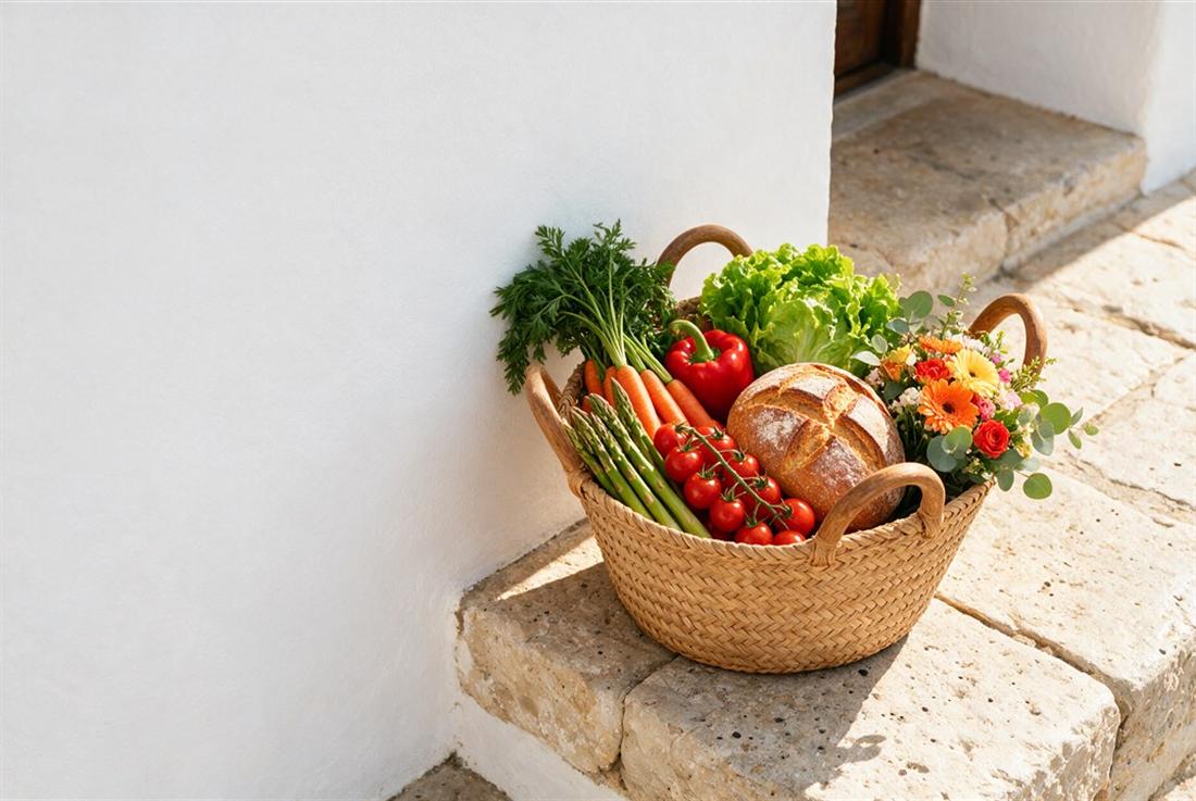 Cesta con la compra dejada en la puerta de una casa